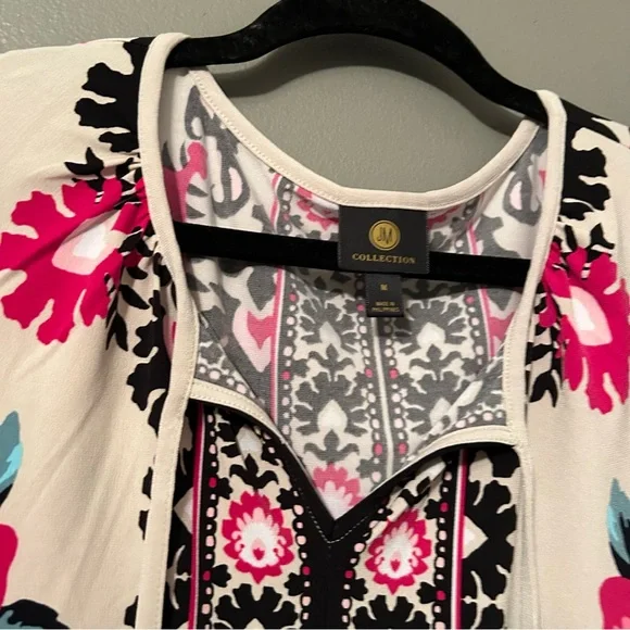 NWT JM Collection Sz Medium Mosaic Boho Floral Nude Pink 3/4 Sleeve Blouse Top! - Picture 3 of 10